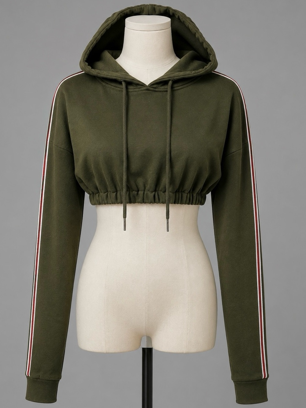 Green Racer Striped Arm Micro Crop Waist Hoodie
